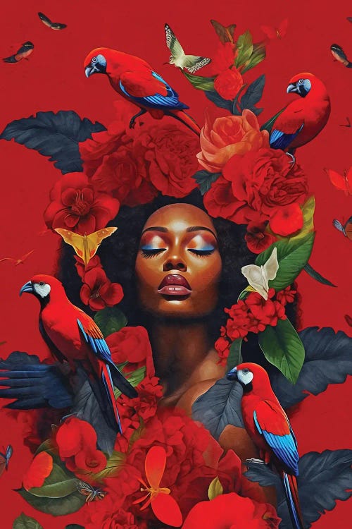 Floral Woman With Macaws Red