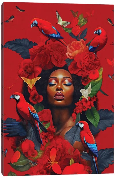 Floral Woman With Macaws Red Canvas Art Print - Parrot Art
