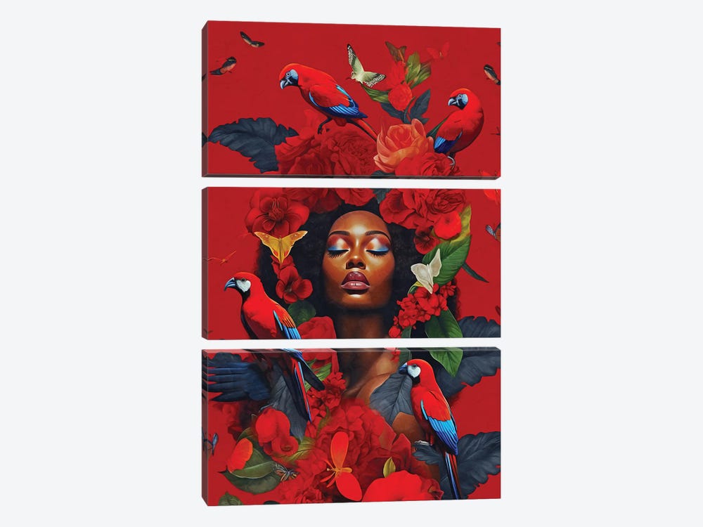 Floral Woman With Macaws Red by Danilo de Alexandria 3-piece Art Print