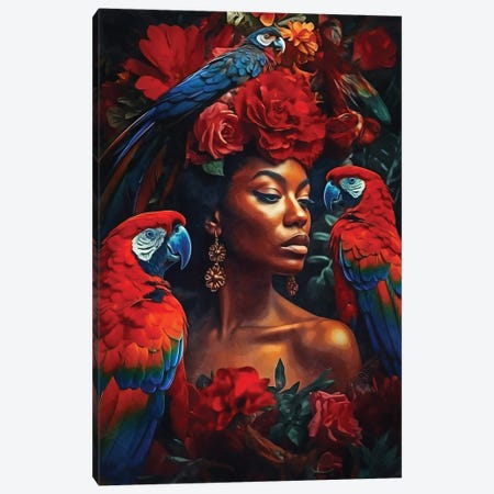 Floral Woman With Macaws Canvas Print #DLX716} by Danilo de Alexandria Canvas Art Print