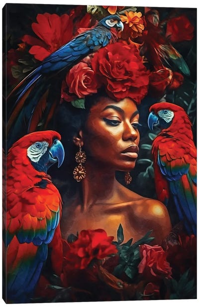 Floral Woman With Macaws Canvas Art Print - Parrot Art