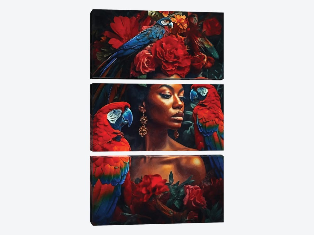 Floral Woman With Macaws by Danilo de Alexandria 3-piece Canvas Wall Art