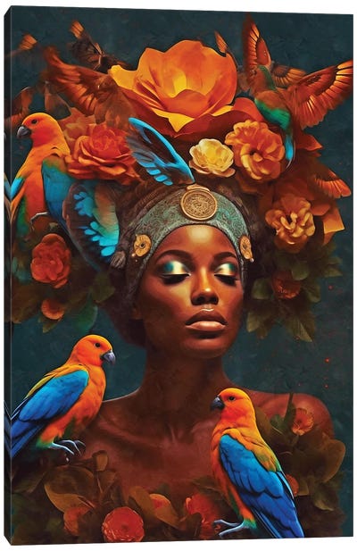 Floral Woman With Orange Birds Canvas Art Print - Orange & Teal