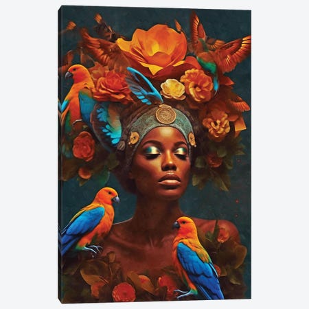 Floral Woman With Orange Birds Canvas Print #DLX717} by Danilo de Alexandria Art Print