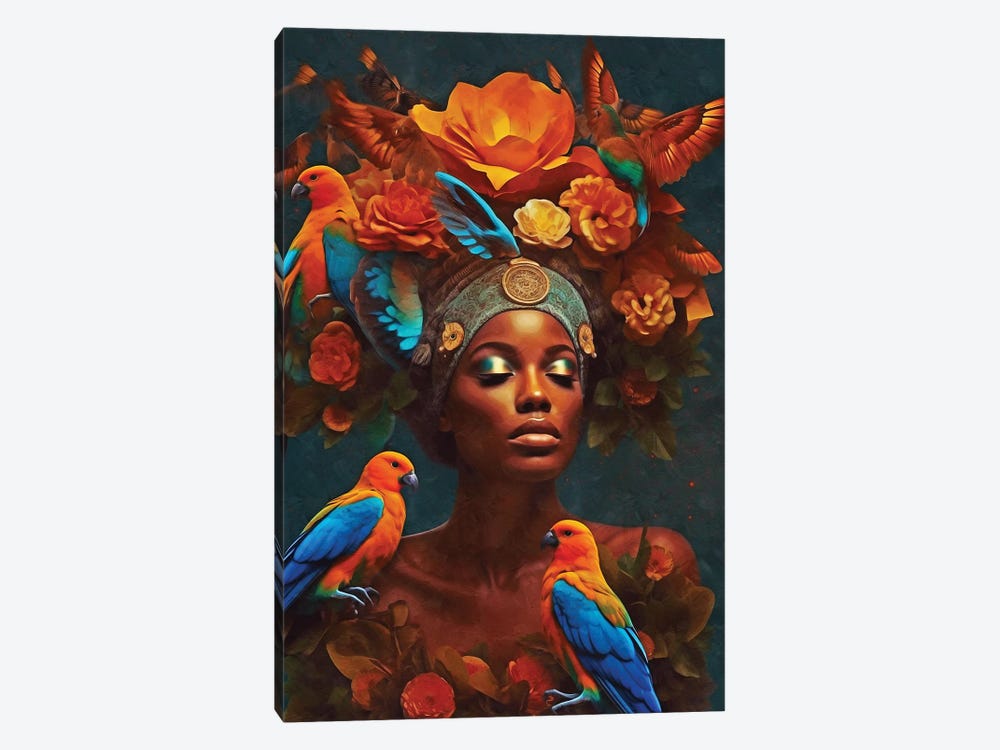 Floral Woman With Orange Birds by Danilo de Alexandria 1-piece Canvas Art Print