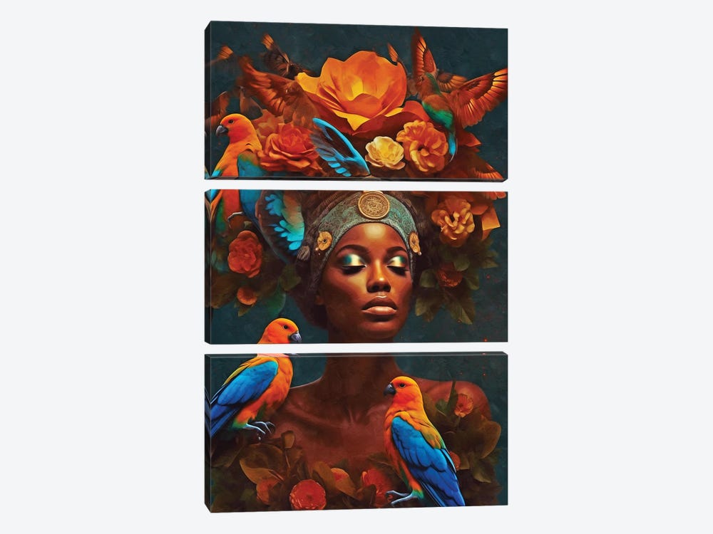 Floral Woman With Orange Birds by Danilo de Alexandria 3-piece Art Print