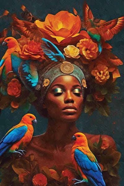 Floral Woman With Orange Birds