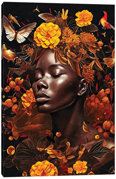 Floral Woman With Orange Nature Canvas Art Print