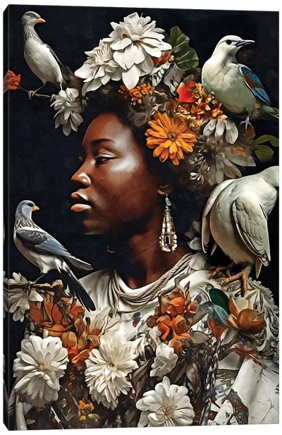 Floral Woman With White Birds Canvas Art Print - Danilo de Alexandria