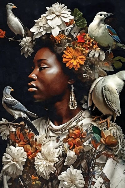 Floral Woman With White Birds