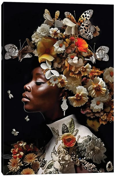 Floral Woman With White Gold Canvas Art Print - Floral Portrait Art
