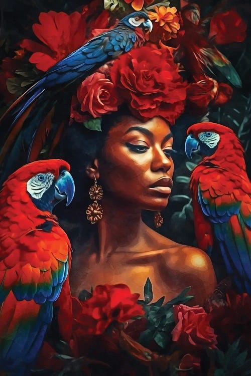 Floral Woman Macaws