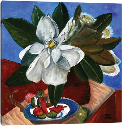 Magnolia Flower Still Life And Vase Canvas Art Print - Magnolia Art