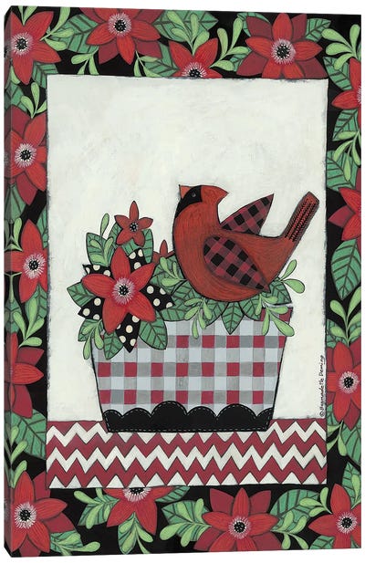 Cardinal And Red Christmas Flowers Canvas Art Print - Gingham