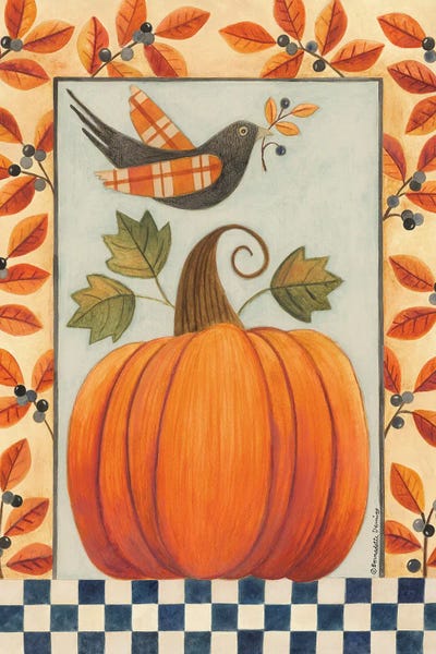 Canvas Art Prints: Patterned Crow with Pumpkin by Bernadette Deming