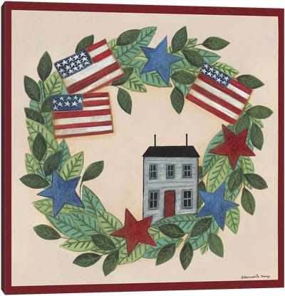 Patriotic Saltbox House Wreath Canvas Art Print - American Décor