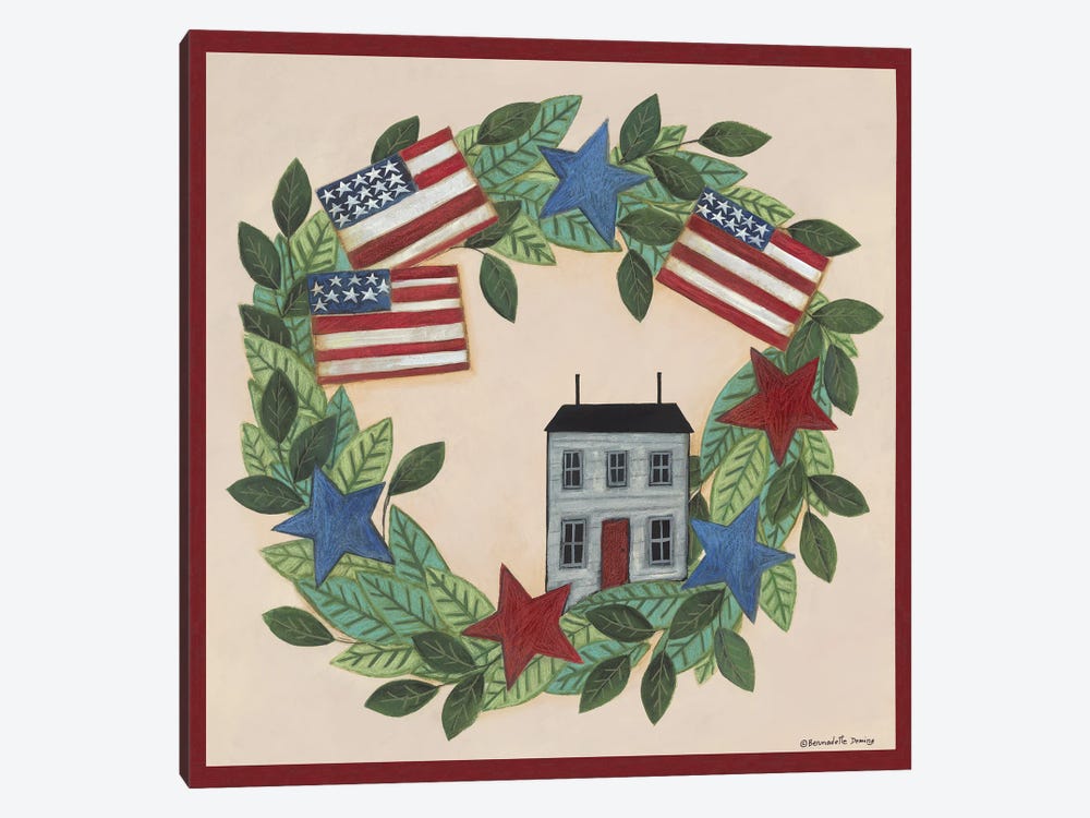 Patriotic Saltbox House Wreath by Bernadette Deming 1-piece Canvas Art Print