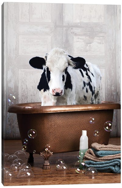 Cow In A Bathtub Canvas Art Print - Kids Animal Art