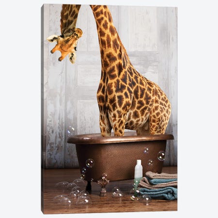 Giraffe In The Tub Canvas Print #DMQ190} by Domonique Brown Canvas Artwork