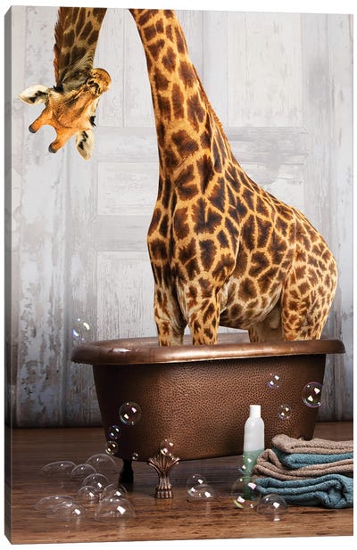 Giraffe In The Tub Canvas Art Print - Animal Humor Art