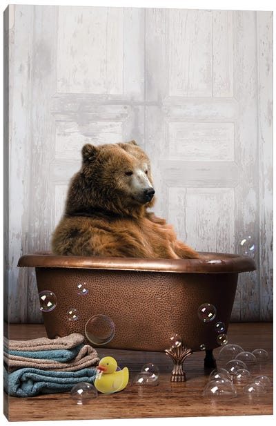 Bear In The Tub Canvas Art Print - Brown Bear Art