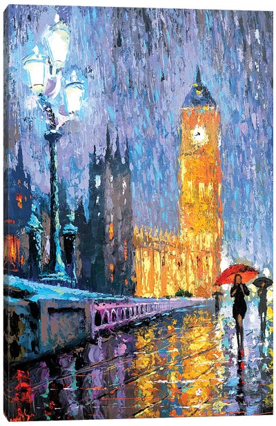 Night London In Rain Canvas Art Print - Night Sky Art