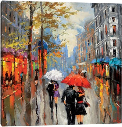 Under The Red Umbrella Canvas Art Print - Rain Art
