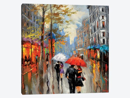 Couple Dancing Red Umbrella Rain drops Oil paint Reprint on Framed Canvas Art 