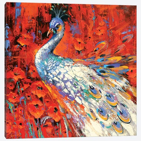 White Peacock And Poppies Canvas Print #DMT197} by Dmitry Spiros Art Print
