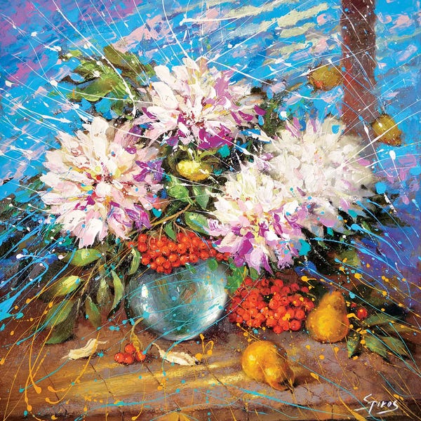 Dmitry Spiros: Evening Impression Of White Flowers On Winter Window by Dmitry Spiros