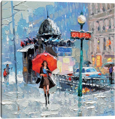 Girl With Red Umbrella Canvas Art Print - Rain Art