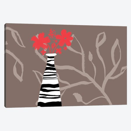Red Flowers In Striped Vase Canvas Print #DNA127} by Delores Naskrent Canvas Print