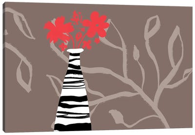 Red Flowers In Striped Vase Canvas Art Print - Delores Naskrent