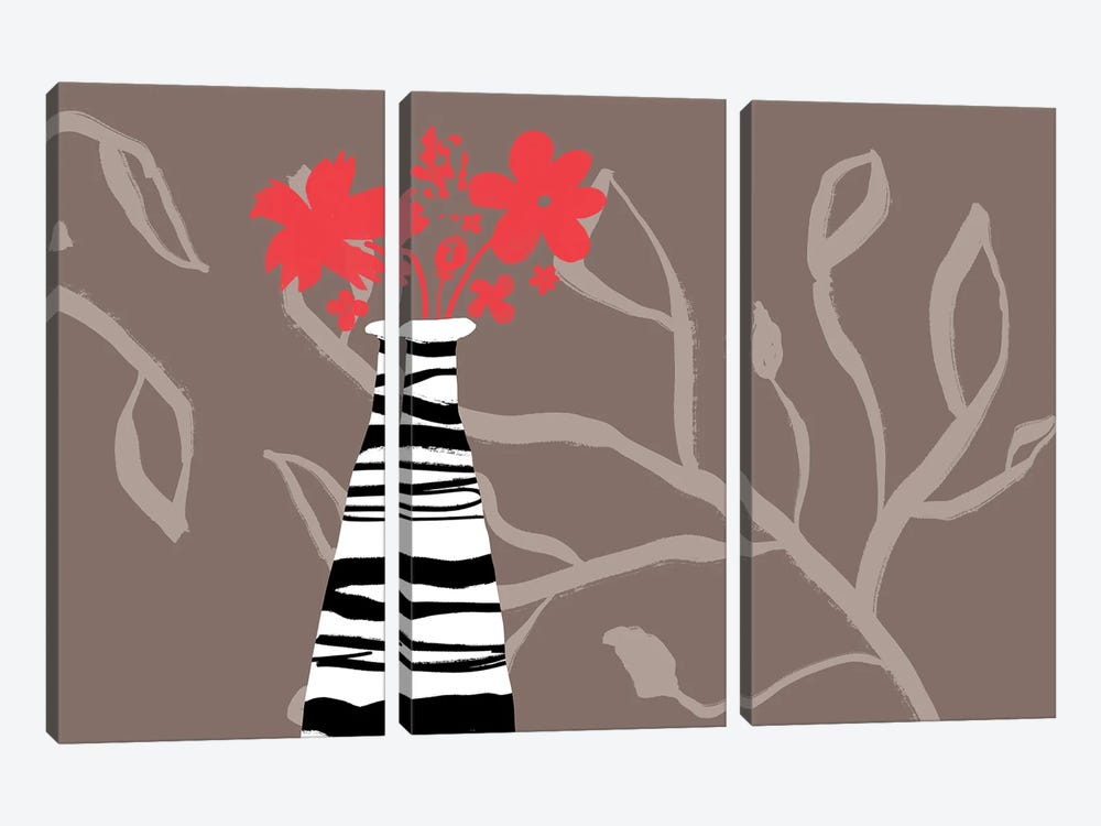 Red Flowers In Striped Vase by Delores Naskrent 3-piece Canvas Wall Art