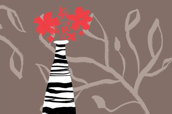 Delores Naskrent: Red Flowers In Striped Vase by Delores Naskrent