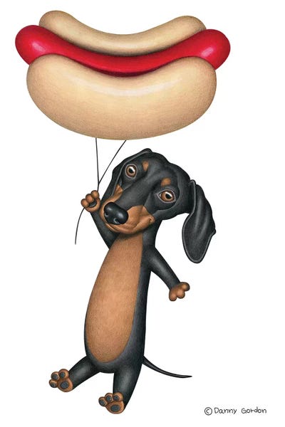 Danny Gordon: Blk Dachshund Hotdog Balloon by Danny Gordon