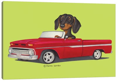 Dacshund Red Truck Lime Canvas Art Print - Danny Gordon