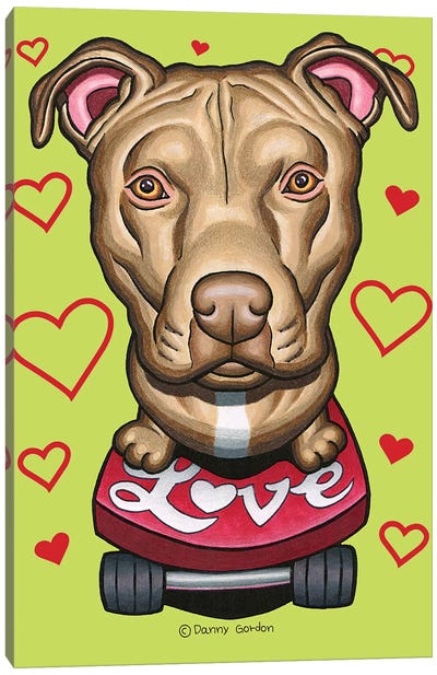 Pit Bull Skateboard Love Hearts Canvas Art Print - Skateboarding Art