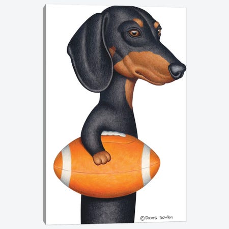 Black Dachshund Holding Orange Football Canvas Print #DNG162} by Danny Gordon Canvas Wall Art