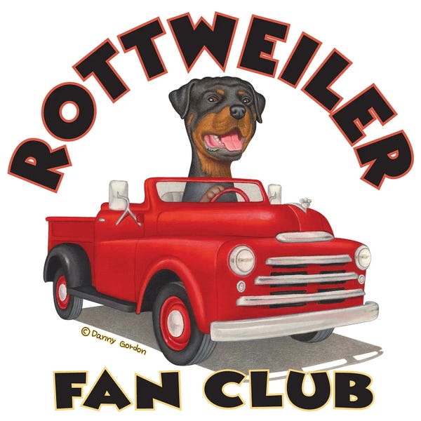 Rottweilers: Rottweiler Driving Red Truck With Words by Danny Gordon