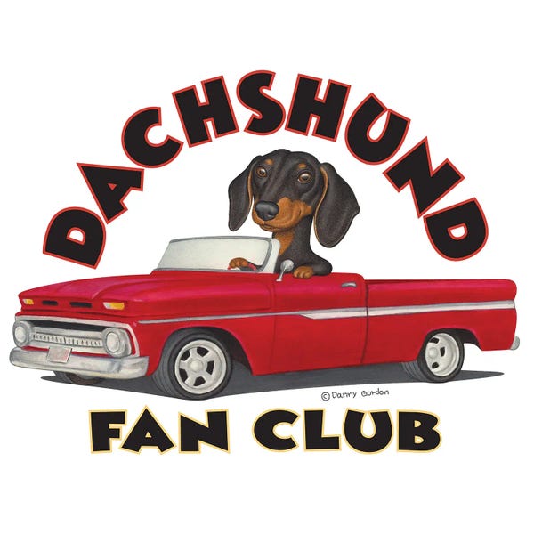 Dachshunds: Black Dachshund In Red Truck With Words by Danny Gordon