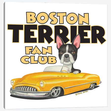 Boston terrier Yellow Car Fan Club Canvas Print #DNG181} by Danny Gordon Canvas Artwork