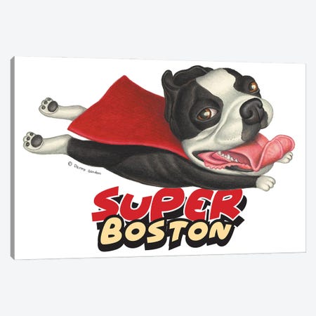 Boston Terrier Flying in Red Cape Canvas Print #DNG188} by Danny Gordon Canvas Wall Art