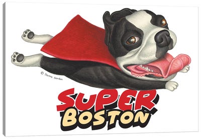 Boston Terrier Flying in Red Cape Canvas Art Print - Boston Terrier Art
