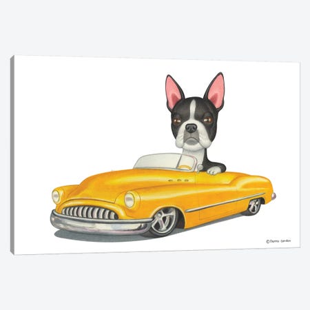 Boston Terrier Yellow Car Canvas Print #DNG18} by Danny Gordon Canvas Artwork