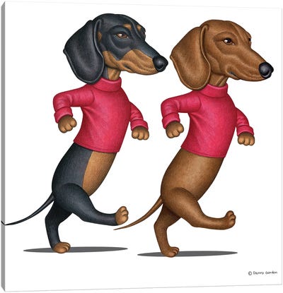 Two Dachshunds Walking Fast Canvas Art Print - Danny Gordon