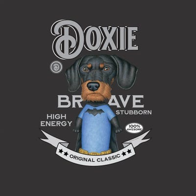 Black Dachshund Super Hero Vintage by Danny Gordon framed canvas print