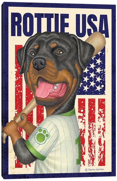 Rottweiler Baseball USA Flag Canvas Art Print - Rottweiler Art