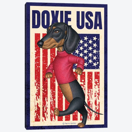 Black Dachshund Walking  Up USA Flag Canvas Print #DNG278} by Danny Gordon Canvas Art