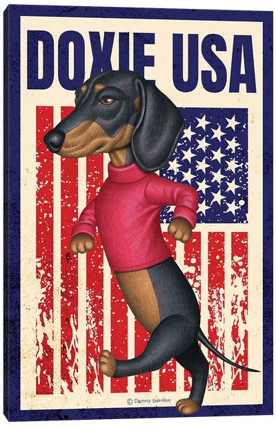 Black Dachshund Walking  Up USA Flag Canvas Art Print - Danny Gordon